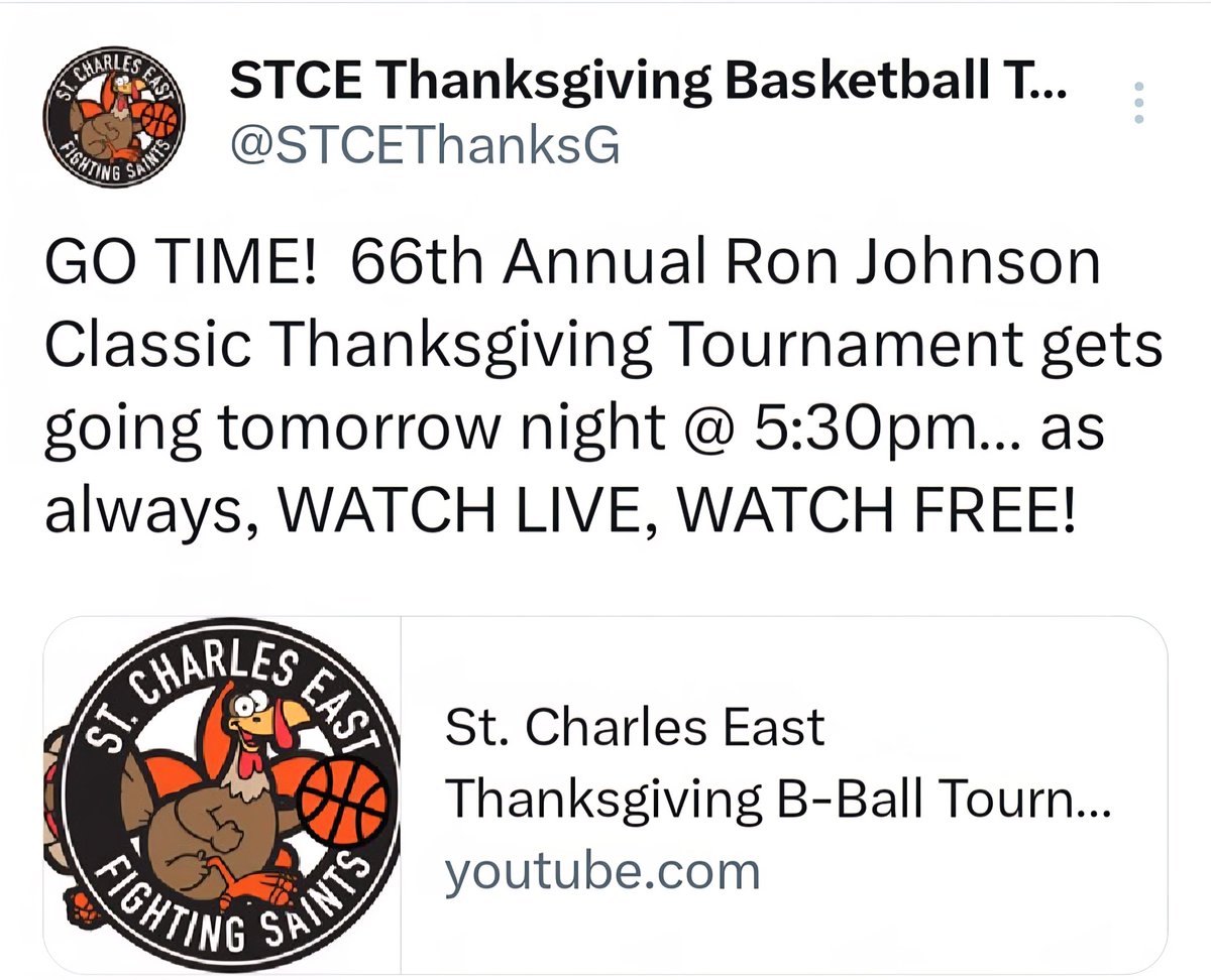 <a href="/STCE_bball/">STCE Boys Basketball</a> is looking forward to hosting the 66th Annual <a href="/STCEThanksG/">STCE Thanksgiving Basketball Tournament</a> Ron Johnson Classic Thanksgiving Tournament.  It all kicks off tomorrow night.  Check out the schedule &amp; come support some great boys basketball. #SaintsPride⚜️ <a href="/STCEathletics/">STCE Athletics</a> <a href="/STCEBoosters/">STCE Athletic Booster</a> <a href="/SCNAthletics/">St. Charles North Athletics</a>