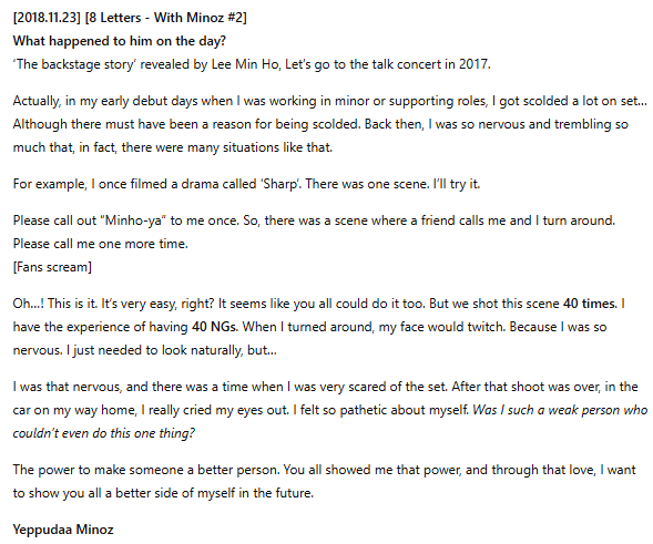sevennyLMH's tweet image. &quot;Please call out &apos;Minhoya&apos; It’s very easy, right? But we shot this scene 40 times.After that shoot was over, in the car on my way home, I really cried my eyes out.The power to make someone a better person. You all showed me that power&quot;
#LeeMinHo #이민호