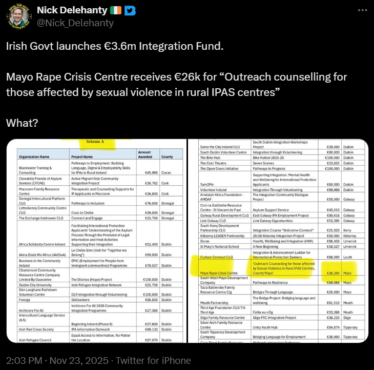 deanfbuckley's tweet image. Nick Delehanty looked through the integration fund to try to find something to criticise and he picked &quot;rape counselling for refugees who live in rural IPAS centres where it&apos;s difficult to access services&quot; because he can use ambiguous wording to insinuate it&apos;s something else