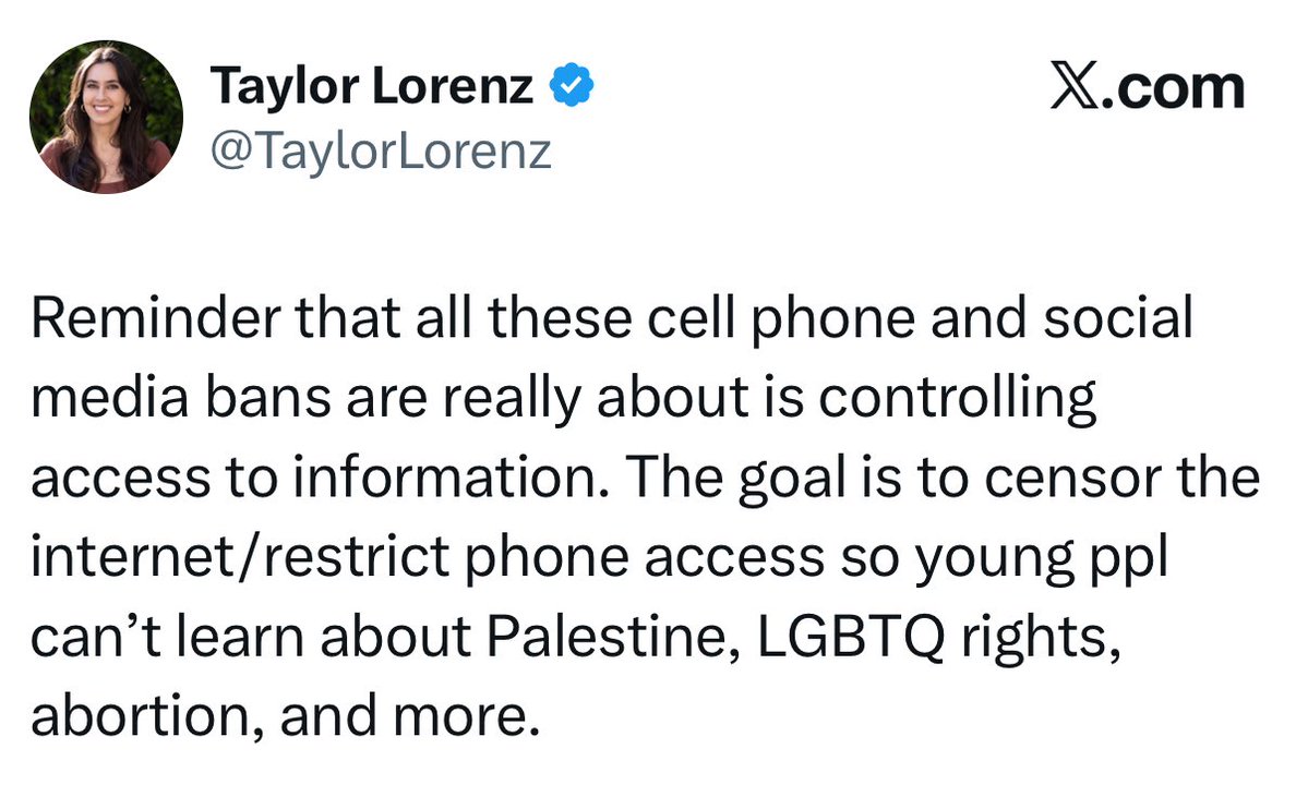benryanwriter's tweet image. Taylor Lorenz insists that efforts to ban cellphones in schools aren’t motivated by hopes of improving kids’ focus on their studies or peer socialization, but instead are a conspiracy to keep from them knowledge about progressive issues: Palestine, LGBTQ rights and abortion, etc.