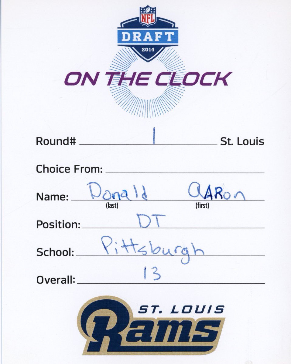 PFHOFAmbassador's tweet photo. AARON DONALD, @RamsNFL DT
On @AaronDonald97 Celebration Day, below is Donald's original Draft Card, as the #13 Pick in 2014, kept at @ProFootballHOF. #RamsHouse #Rams #LosAngeles #NFL #NFLWeek12 #TBvsLAR #NFLNews #NFLTwitter #NFLDraft #snfonnbc #sundaynightfootball #AaronDonald