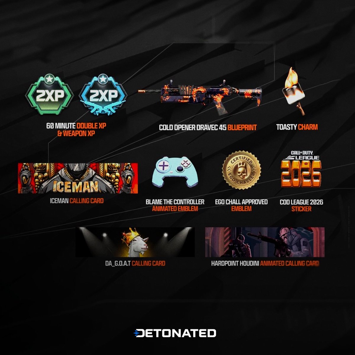 DETONATEDcom's tweet photo. FIRST LOOK at #BlackOps7 CDL 2026 Opening Weekend Rewards!

Drops Available from December 5th-7th:
💥 ‘Cold Opener’ Blueprint
💥 ‘Toasty’ Charm 
💥 ‘DA_GOAT’ Calling Card
💥 ‘Blame the Controller’ Emblem
💥 +MORE! https://t.co/l0PhkwW0iR