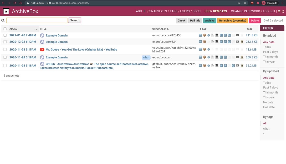 DarkWebInformer's tweet image. ArchiveBox: Open source self-hosted web archiving. Takes URLs / browser history / bookmarks / Pocket / Pinboard / etc., saves HTML, JS, PDFs, media, and more.

GitHub: github.com/ArchiveBox/Arc…
Demo: demo.archivebox.io