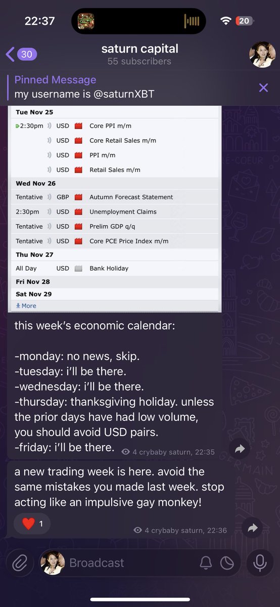 economic calendar analysis posted on the tele. all my analysis and live trades are dropped there. 

if you’re not in yet, get in now! link below 👇
