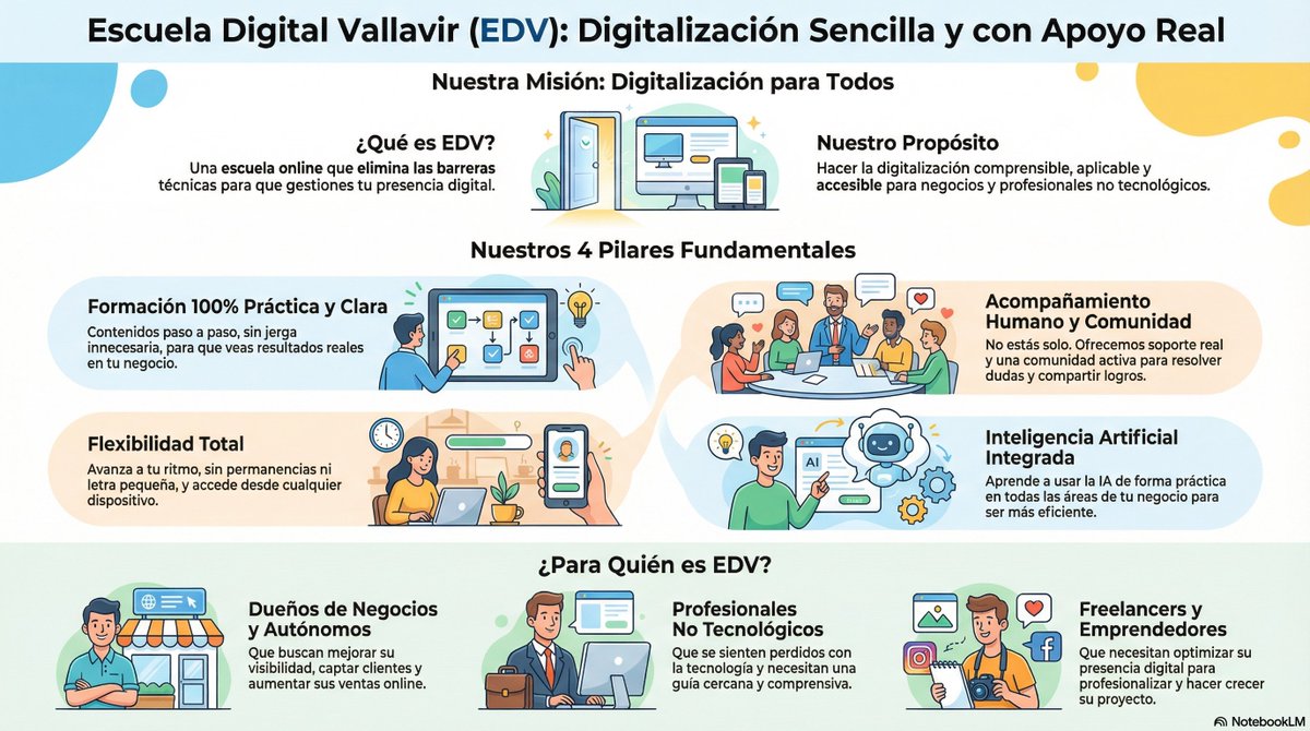 Jugando con Notebooklm y sus infografías. Esto lo hice con el cuaderno que tengo con todo el "cerebro" de la Escuela Digital Vallavir. Me gustan tanto que los usaré hasta para la web. #Ia #IAencanarias #vallavir