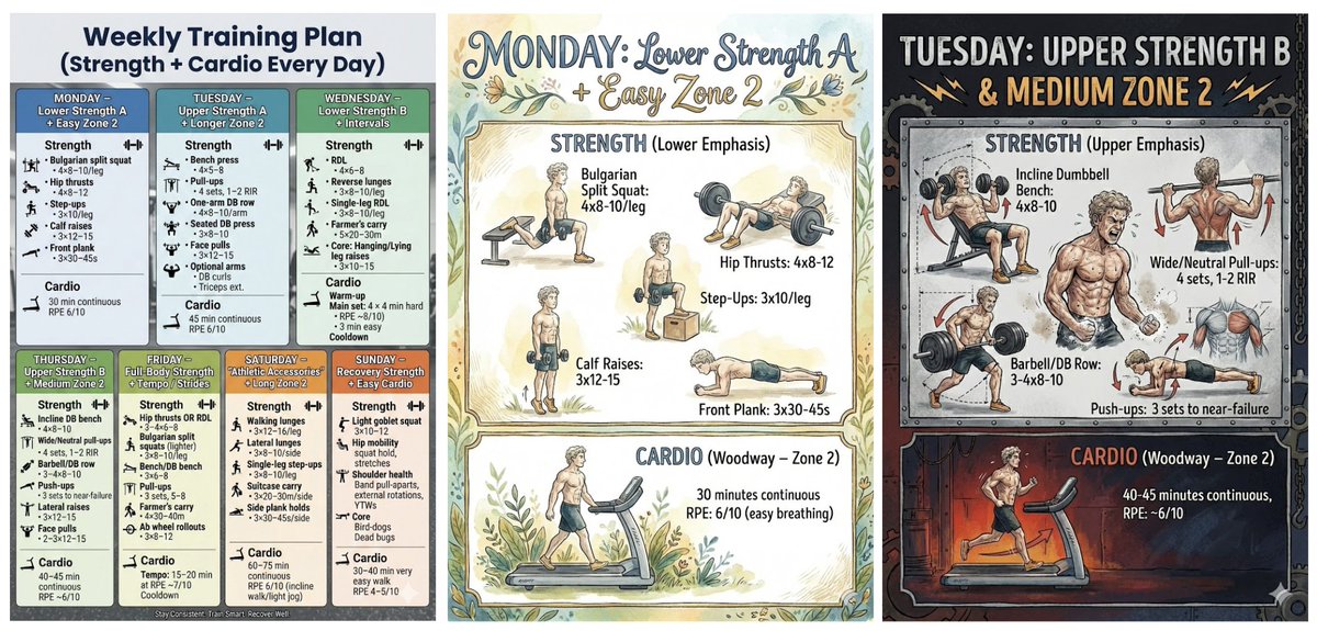 개인 맞춤형 주간 운동 계획을 만들어 달라고 부탁했고, 벽에 붙여서 매일 어떤 운동을 해야 할지 기억할 수 있도록 포스터도 만들어 달라고 부탁했어요. 화요일은 "테스토스테론 더 주세요"라고 부탁했더니 더 힘들어 보이