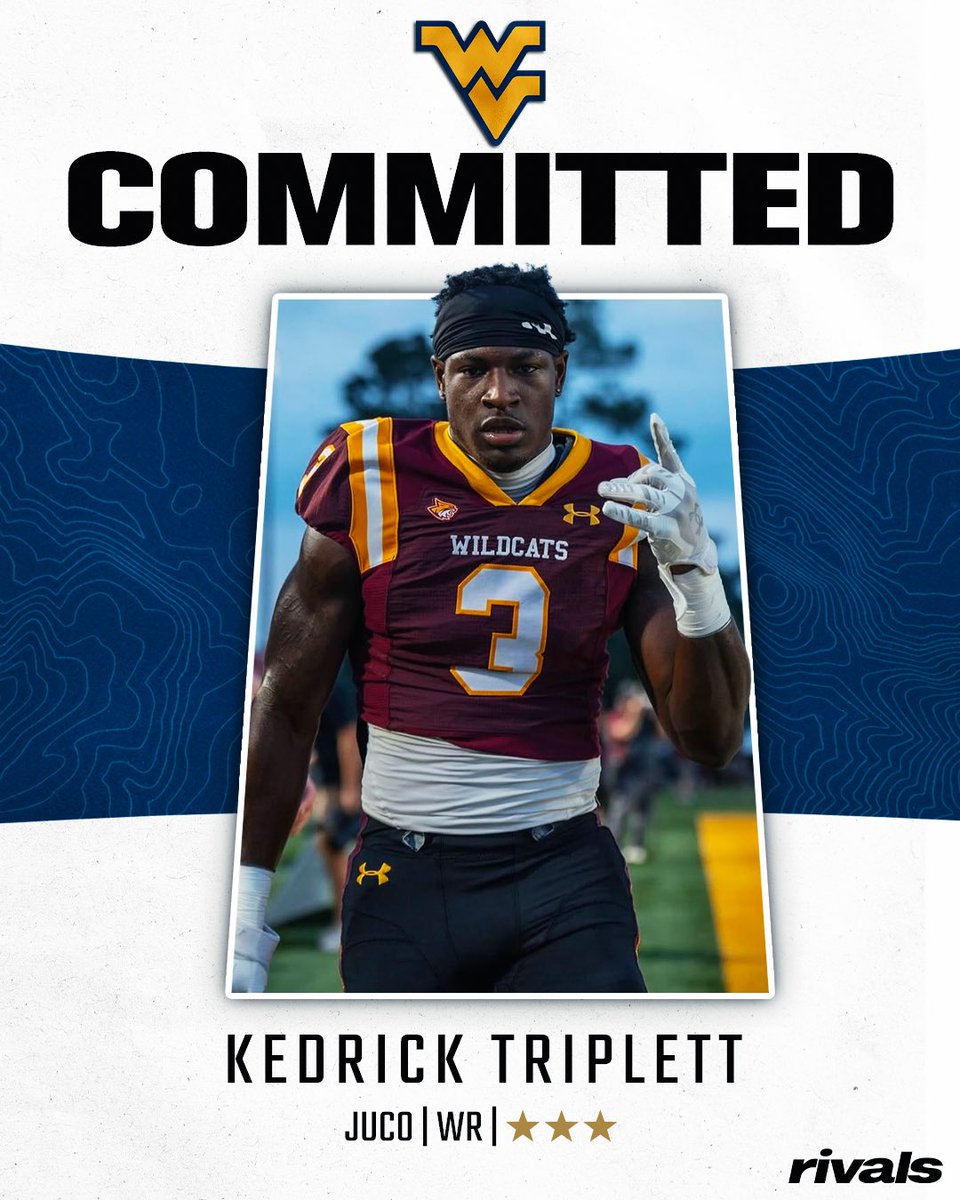 🚨BREAKING🚨 WR Kedrick Triplett has committed to West Virginia⛰️

Triplett is the No. 5 WR in JUCO. 

Read: on3.com/sites/wv-sport…
