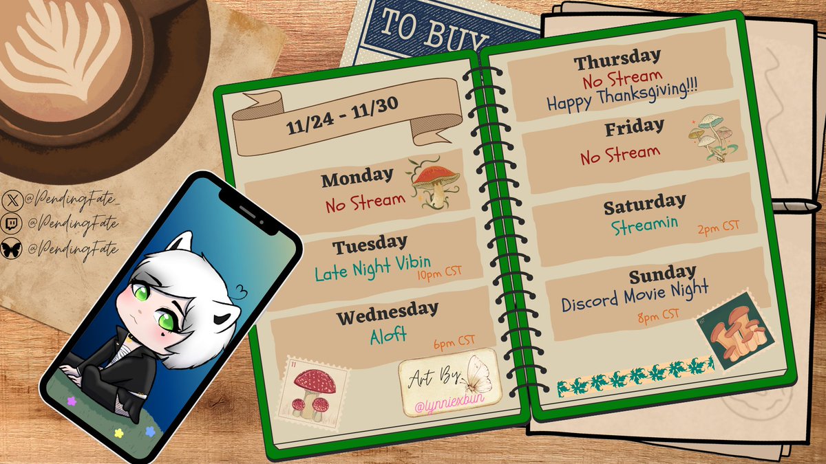 The schedule for this week! I am going to do a late night stream on Tuesday to make up for not streaming on Thursday.