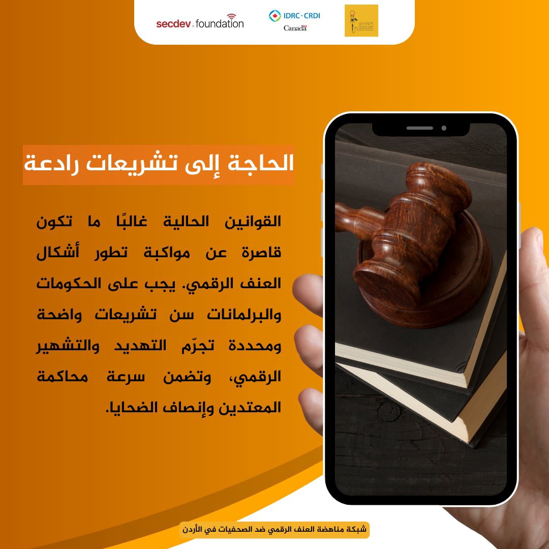 الحاجة إلى تشريعات رادعة

 القوانين الحالية غالبًا ما تكون قاصرة عن مواكبة تطور أشكال العنف الرقمي. يجب على الحكومات والبرلمانات سن تشريعات واضحة ومحددة تجرّم التهديد والتشهير الرقمي، وتضمن سرعة محاكمة المعتدين وإنصاف الضحايا