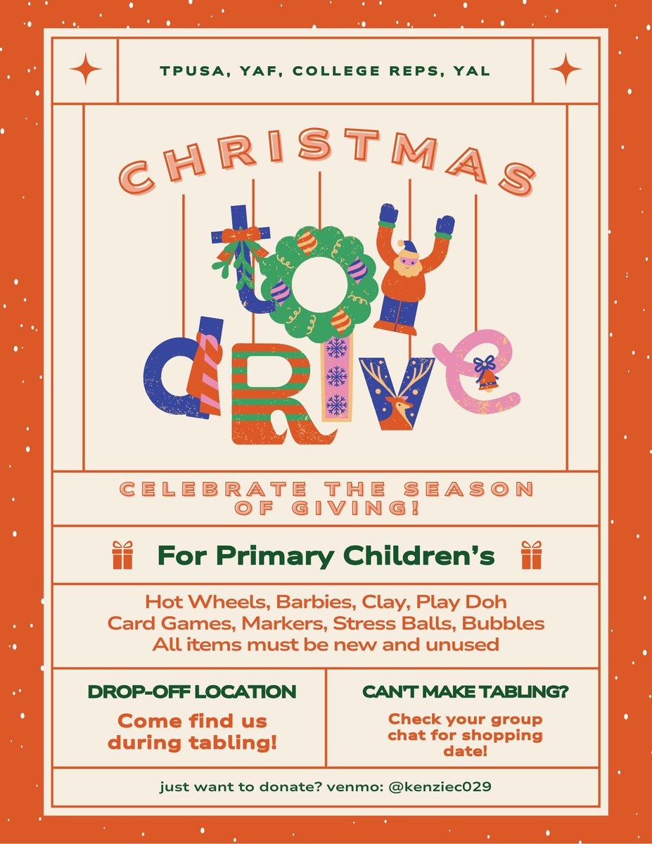 UofUGOP's tweet image. College Republicans are dedicated to uplifting young Utahns this Christmas with our first annual Toy Drive. 

Find us December 1st-4th in front of the University of Utah Union building collecting toy donations! 

If you cannot drop off in-person visit our Venmo below to help…