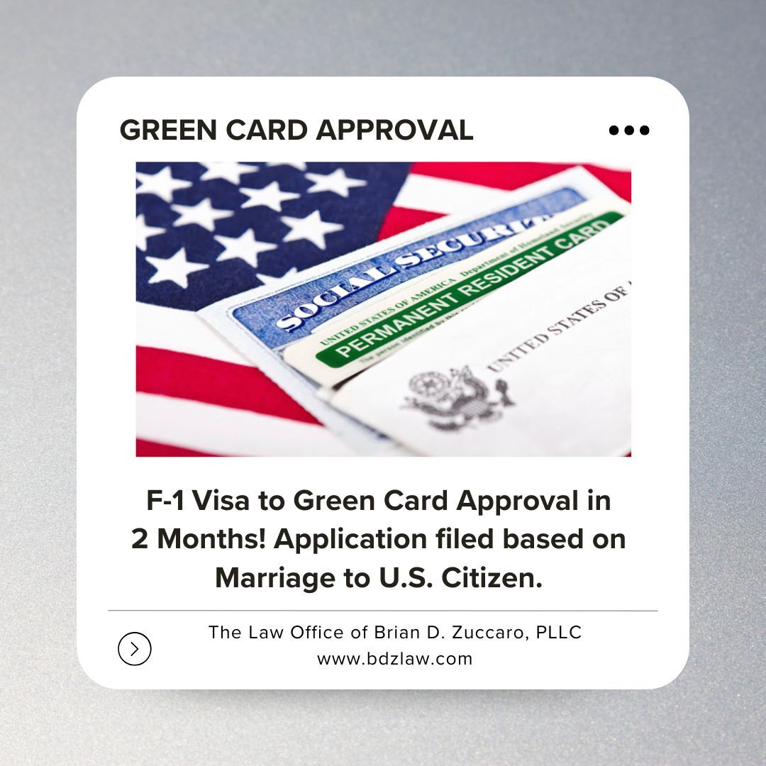 F-1 Visa to Green Card Approval in 2 Months! Filed based on marriage to U.S. Citizen. Processing times can fluctuate, but green card applications filed based on marriage to a U.S. citizen have been processing faster than expected under the Trump admin bdzlaw.com/nafta-tn-blog/…