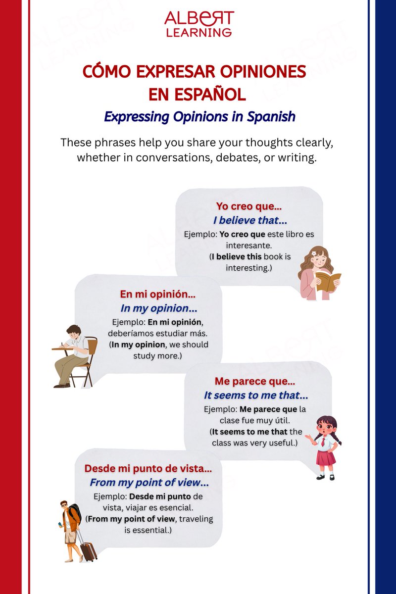 Albert_Learning's tweet image. Giving your opinion in Spanish doesn’t have to be hard.
These must-know phrases will help you express yourself like a pro. 💬✨
#SpanishLearning #SpanishGrammar #CommunicationSkills #Languages #AlbertLearning