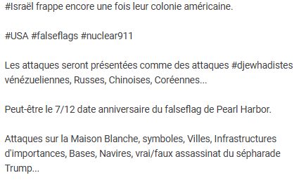 andreileterrib1's tweet image. #Israël frappe encore une fois leur colonie🇺🇸.

#USA #falseflags #nuclear911

Les attaques seront présentées comme des attaques #djewhadistes vénézueliennes,🇷🇺, Chinoises, Coréennes...

Peut-être le 7/12 date anniversaire du falseflag de Pearl Harbor.

mx.usembassy.gov