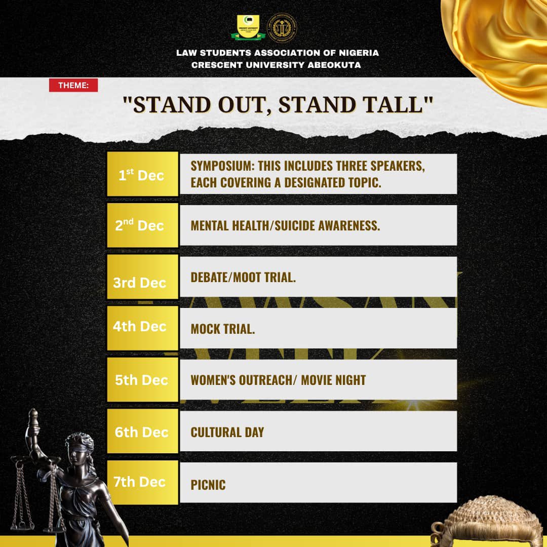 cuab_trends's tweet image. LAWSAN CUAB WEEK 2025 💛⚖️✨
Theme: “Stand Out, Stand Tall.”

A week of symposiums, debates, mock trials, mental-health awareness, cultural day, women’s outreach &amp;amp; a grand picnic, all to sharpen minds and celebrate the CUAB law community.

Dec 1–7, 2025.

#cuab #lawweek