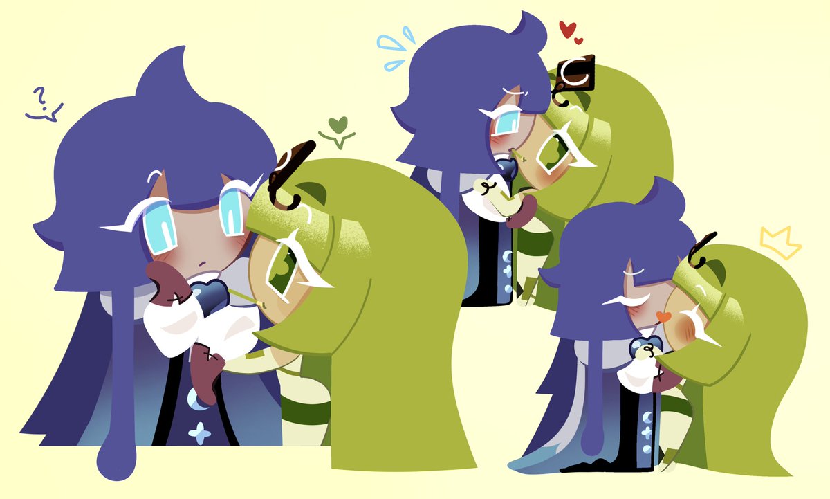 prunemousse's tweet photo. Prunemousse doing the pocky game #prunejuicecookie #greenteamoussecookie #cookierun https://t.co/ycSdzVEqDJ