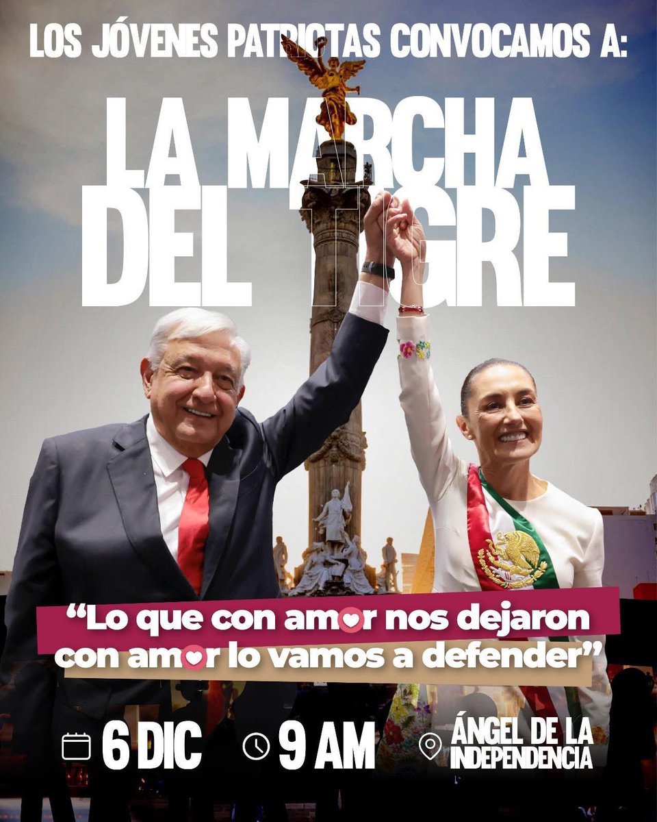 Humanismo4T's tweet photo. El sábado 6 de diciembre marcharé por #LaSoberania #PorLaPatria #PorLaContinuidadDeLa4T #PorNuestraCultura y #PorLaPresidenta @Claudiashein 

Nadie en su sano juicio volvería a votar por los que nos dañaron tanto #MueraElPRIAN

#MarchaDelTigre https://t.co/LmCsrlDYdg