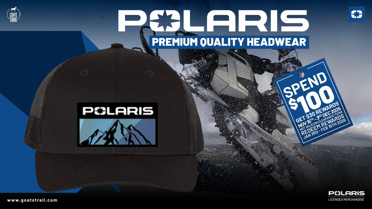 Hit the trails in style with the Polaris® Rocky Mountain Hat—rugged, breathable &amp; built for true adventure lovers! 🏔️

Holiday Deal 🎁: Spend $100 → Get $30 rewards (Nov 15–Dec 3).
Redeem Jan 3–Feb 16.

goatstrail.com/products/rocky…

#Polaris #OffRoad #TrailLife #UTVLife #HolidayDeals