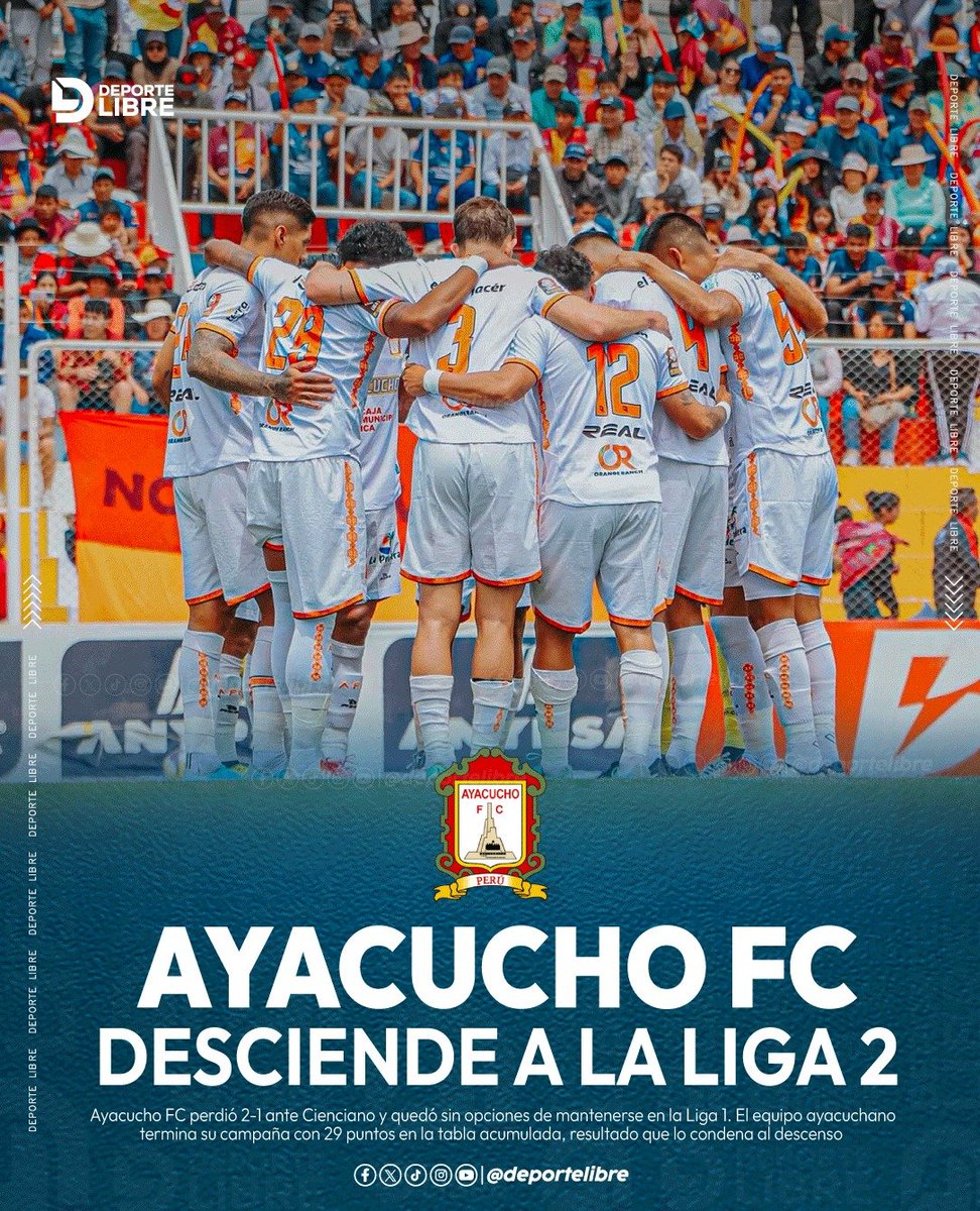 DeporteLibre_Pe's tweet photo. ¡AYACUCHO FC DESCIENDE A LA LIGA 2! 🚨
Ayacucho FC perdió 2-1 ante Cienciano y quedó sin opciones de mantenerse en la Liga 1.
El equipo ayacuchano termina su campaña con 29 puntos en la tabla acumulada, resultado que lo condena al descenso. 📉🏟️
#AyacuchoFC #Liga1 #Liga2 https://t.co/Qr5tuqFPP8