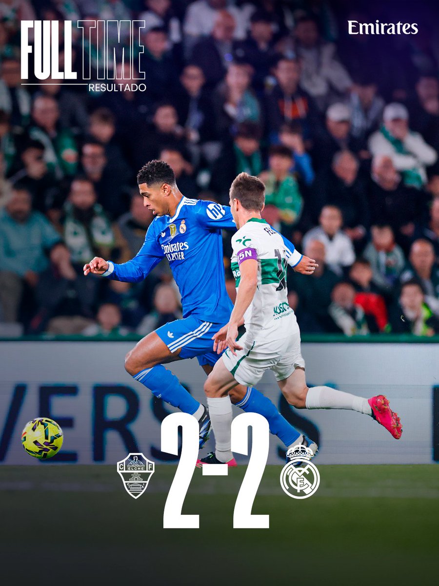 realmadrid's tweet image. 🏁 FP: @elchecf 2-2 @RealMadrid
⚽ 53&apos; Febas
⚽ 78&apos; @DHuijsen
⚽ 84&apos; Álvaro
⚽ 87&apos; @BellinghamJude
👉 @Emirates
