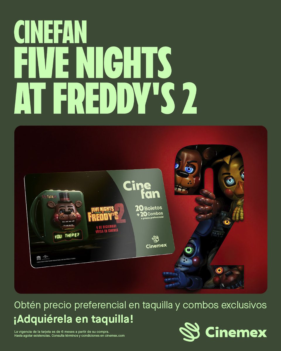 Cinemex's tweet image. ¡Atención a los fans de Five Nights at Freddy’s! Tenemos ya disponible la tarjeta CineFan coleccionable de #FNAF2. Ven por la tuya a Cinemex.