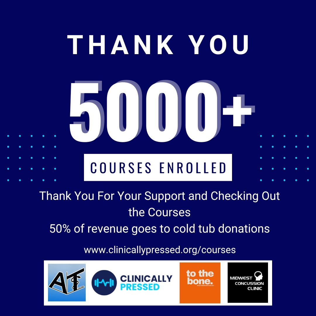 ATDailyJournal's tweet image. Thank you to everyone who has checked out CP Courses! We&apos;ve now had over 5000 courses enrolled.

LINK: clinicallypressed.org/courses/ 

If you purchase any CEUs, 50% of the revenue goes to our cold tub donation program. 

LINK: clinicallypressed.org/coldtub/ 

Thank you for the support.