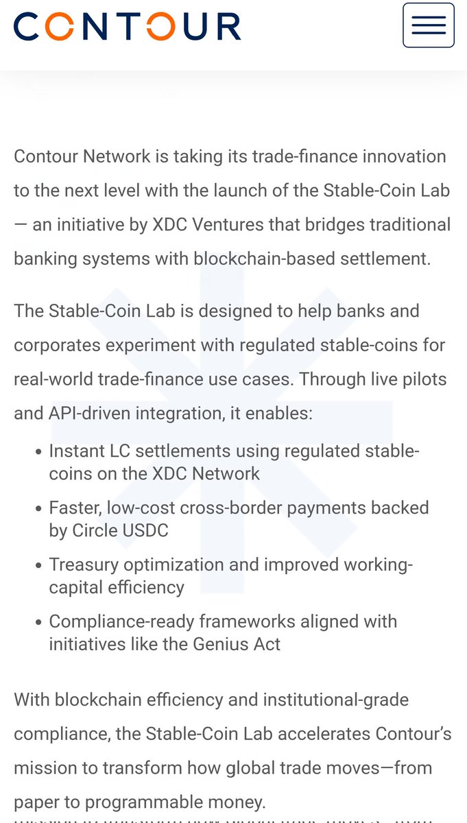 bodhibrah's tweet photo. Contour Network now powered by #XDC= Power move for $XDC 🔥
Tapping an established worldwide network of banks and corporates.

Started by a consortium of eight global banks  including HSBC, Standard Chartered,BNPParibas, Citi, DBS, ING, Bangkok Bank,CTBC.  https://t.co/N56kGMr7hQ https://t.co/jBDudKAKKf