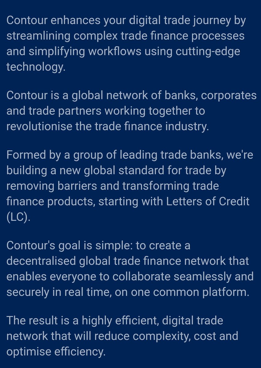 bodhibrah's tweet photo. Contour Network now powered by #XDC= Power move for $XDC 🔥
Tapping an established worldwide network of banks and corporates.

Started by a consortium of eight global banks  including HSBC, Standard Chartered,BNPParibas, Citi, DBS, ING, Bangkok Bank,CTBC.  https://t.co/N56kGMr7hQ https://t.co/jBDudKAKKf