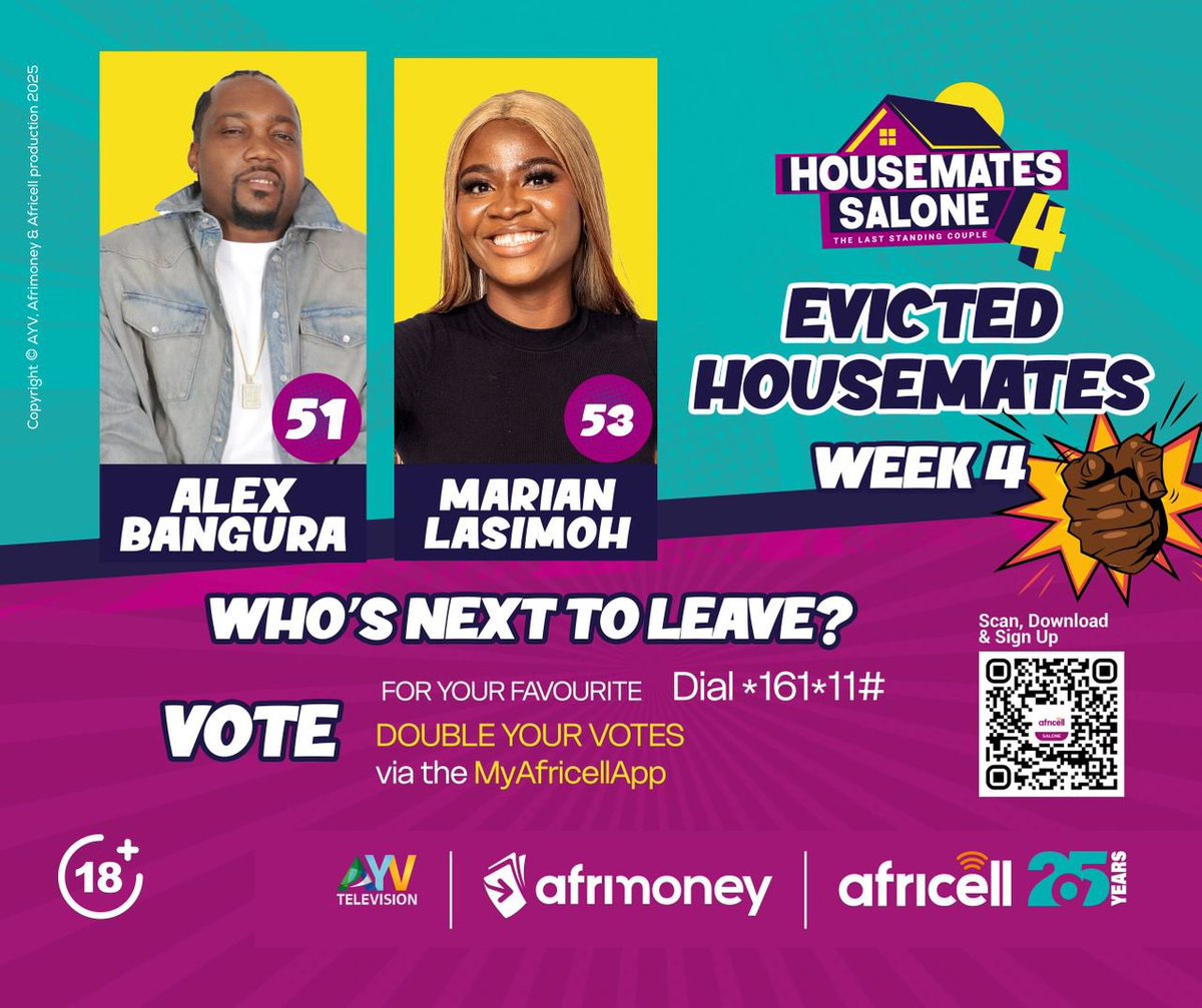 Alex Bangura and Marian Lasimoh have been evicted from #HMSL4 💔. 

Their journey may have ended, but for the remaining Housemates, the #CleanGame continues, and it’s only getting tougher 👀🔥.

Who’s next to leave? Keep your favourite Housemate safe by voting via our