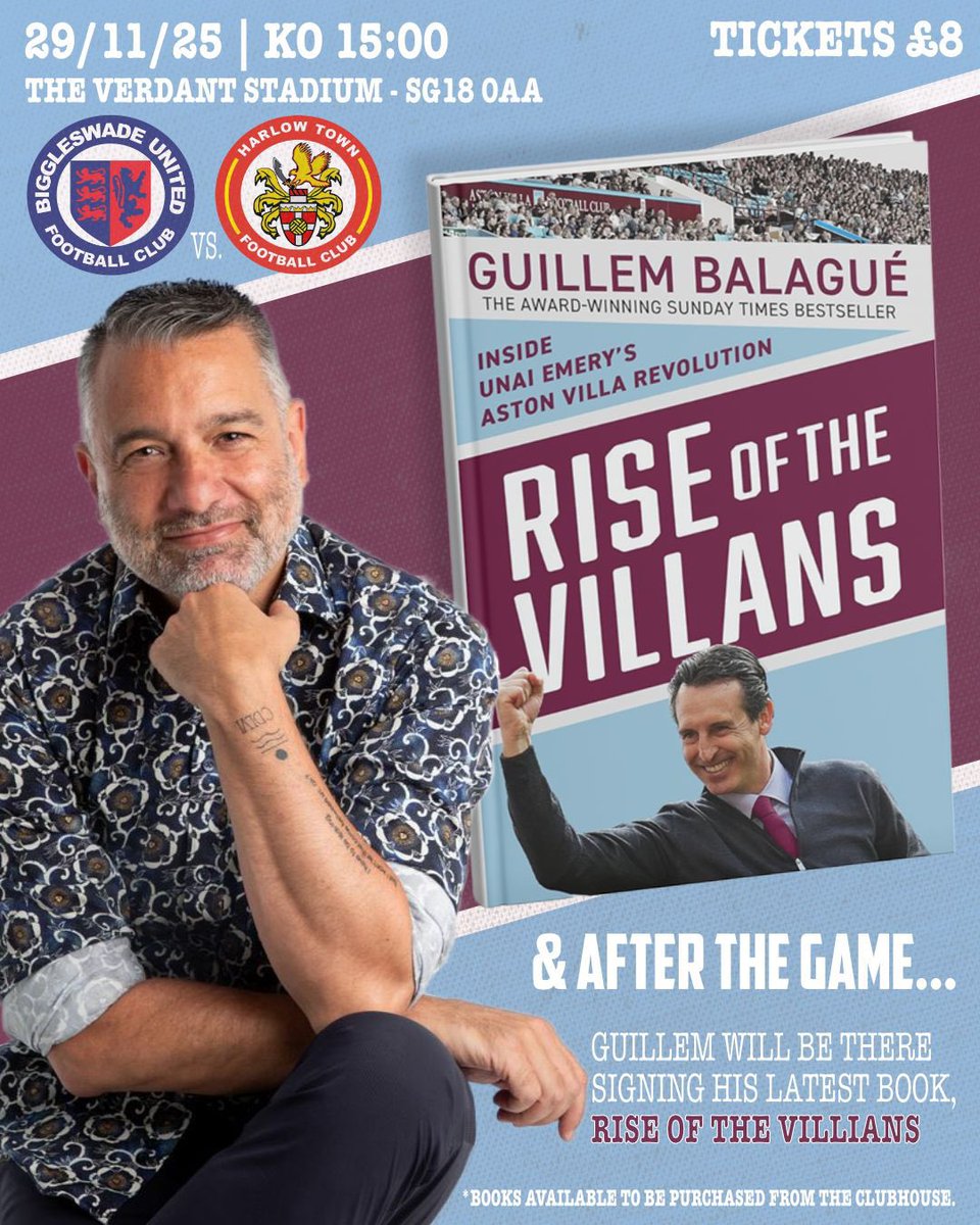 NEXT MATCH🔴🔵

Our Men’s First Team back in action next Saturday in league action we welcome Harlow Town to the Verdant!

<a href="/GuillemBalague/">Guillem Balague</a> will be in the clubhouse after the match for a book signing and MUCH MORE about his latest book #riseofthevillans all for a combined £8!!