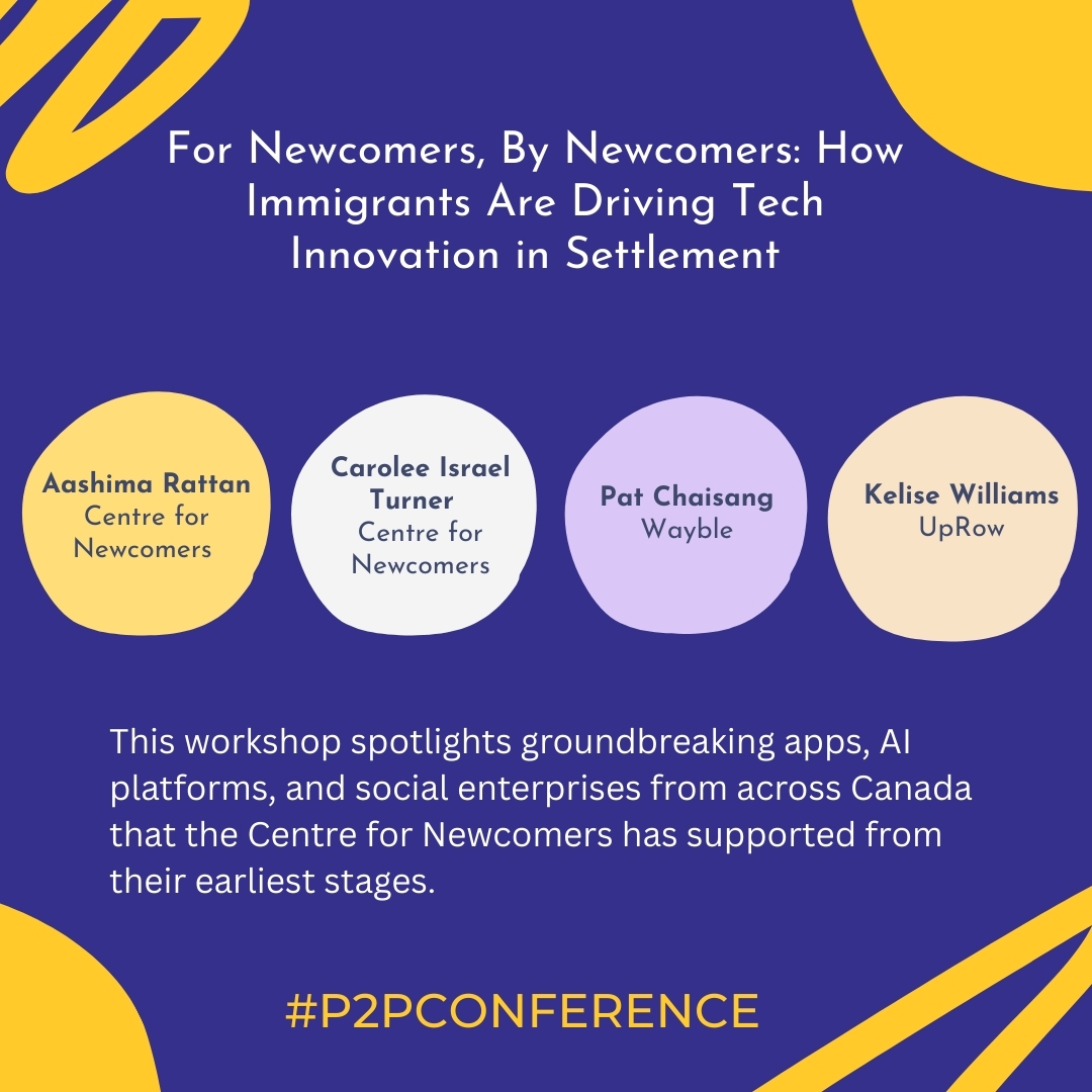 P2PConnects's tweet image. For Newcomers, By Newcomers: How Immigrants Are Driving Tech Innovation in Settlement
Chair: Aashima Rattan – Centre For Newcomers
🗓️ November 24
📍 In Person
#p2pconference #vvpconference