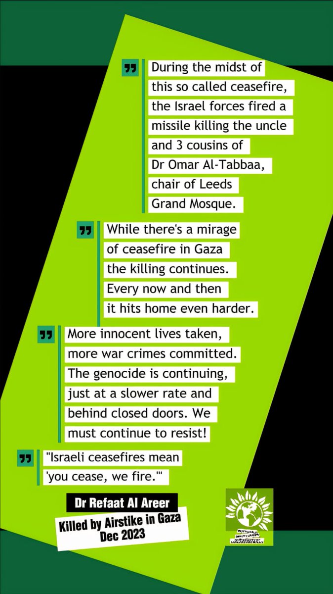 While there's a mirage of ceasefire in Gaza the killing continues. Every now and then it hits home even harder.
During the midst of this so called ceasefire, the Israel forces fired a missile killing the uncle and 3 cousins of Dr Omar Al-Tabbaa, chair of LGM. More innocent lives