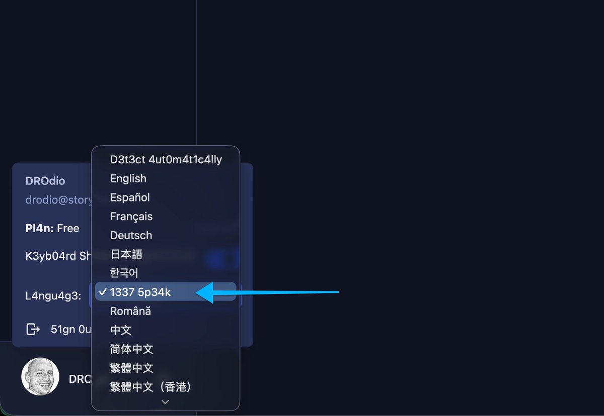drodio's tweet image. Storytell is now fluent in 1337 Leetspeak. Just choose it from the language menu in settings at Storytell.ai

#1337 #Leet #Leetspeak