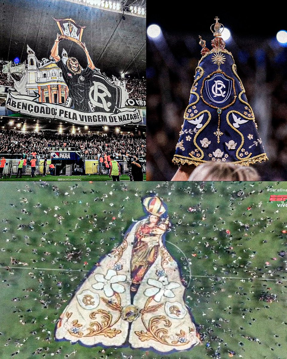 DoentesPFutebol's tweet photo. A torcida e time do Remo exibiram a Nossa Senhora de Nazaré, Rainha da Amazônia, dentro de campo e nas arquibancadas.

Após o apito final, torcedores invadiram o gramado e estenderam uma imagem gigante da Santa.

É a padroeira do Leão da Amazônia. https://t.co/Pc50CZpHqI
