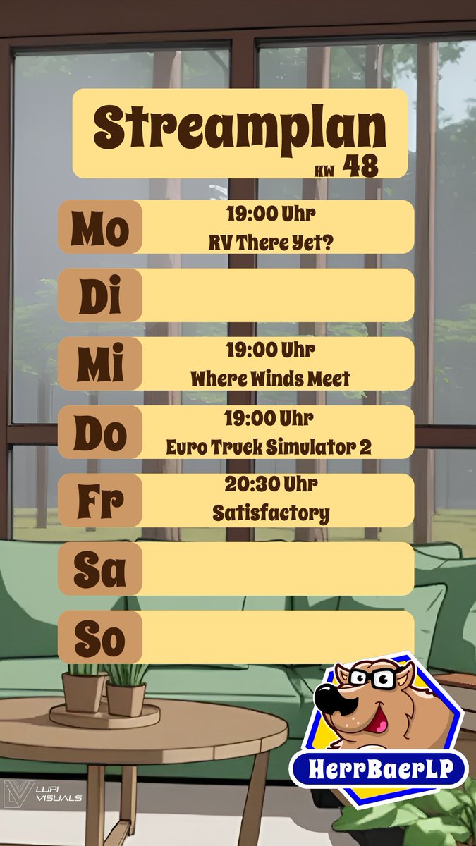 Hallo Freunde.
Hier ist der Streamplan für die KW48
24.11.2025 - 30.11.2025 

Mo.: 19:00 Uhr #RVThereYet?

Mi.: 19:00 Uhr  #WhereWindsMeet 

Do.: 19:00 Uhr #EuroTruckSimulator2 

Fr.: 19:30 Uhr #Satisfactory 

Sa. &amp; So.: spontan

Habt eine Tolle Woche 🐻🍯 #honigliebe