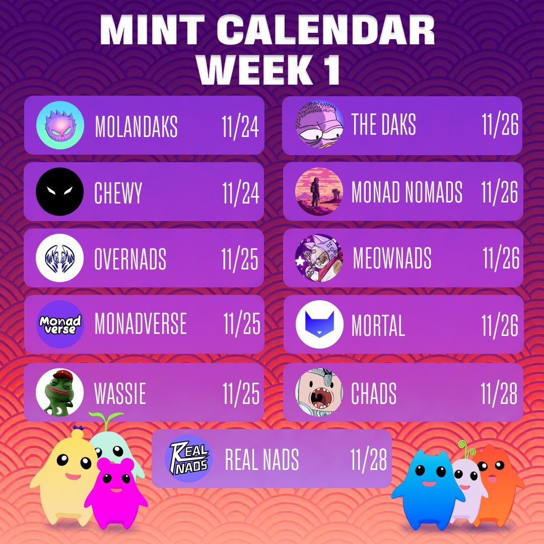 ¡Llegando CON TODO! 🔥

Esta semana tenemos ONCE proyectos listos para mint. <a href="/monad/">Monad (mainnet arc)</a> 

Imprime esta gráfica y pégala en tu refrigerador para que no se te olvide. 😎