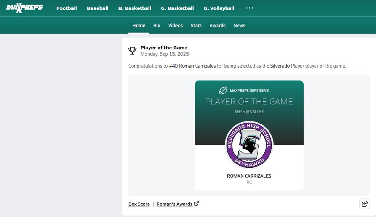 Thank you ⁦⁦<a href="/MaxPreps/">MaxPreps</a>⁩ for the write up earlier this season and for awarding me Player of the Game against Valley HS.  Loved every opportunity I had this season to grow and get better.