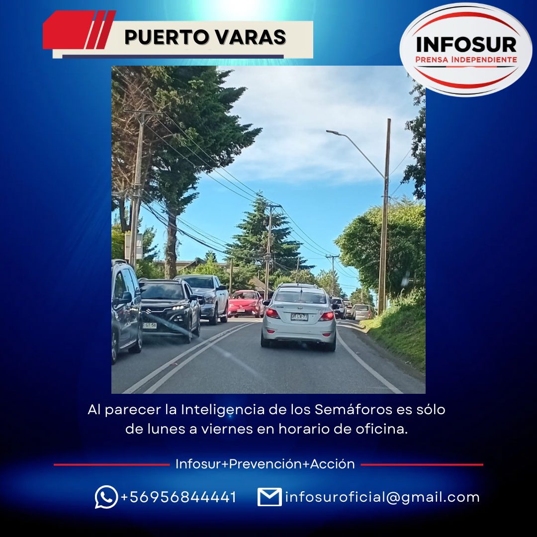 infosuroficial's tweet image. 🚦Al parecer la #Inteligencia de los #Semáforos en #PuertoVaras es sólo de lunes a viernes en horario de oficina. 
🚘Gran #CongestiónVehicular este domingo en avenida Los Colonos.