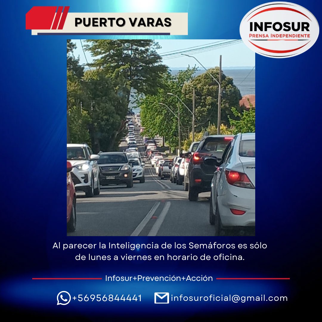 infosuroficial's tweet image. 🚦Al parecer la #Inteligencia de los #Semáforos en #PuertoVaras es sólo de lunes a viernes en horario de oficina. 
🚘Gran #CongestiónVehicular este domingo en avenida Los Colonos.