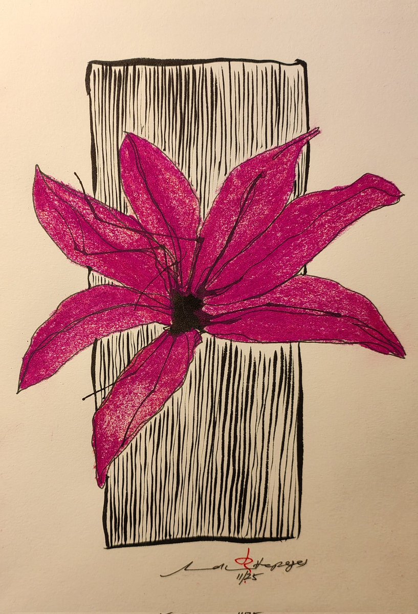 RevHappiness's tweet image. Remember blowing ink spots all over the page and getting headspins?
Yeah, did that on the weekend and used the shape as the basis for a #ContinuousLineDrawing
And yes, lilies only have 5 petals, not 6 (artistic licence, ok)
Ink, felt pen and coloured pencil on A5
#TheDrumAndPage