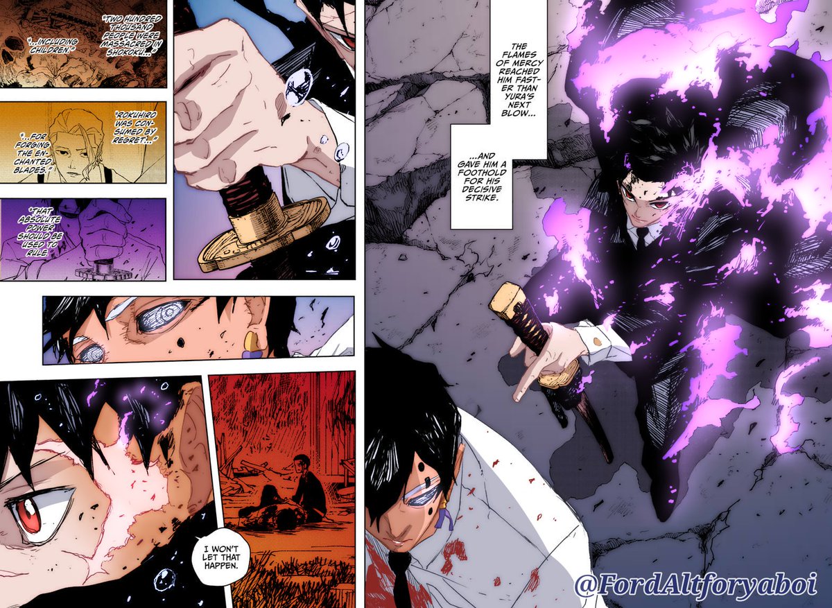 The flames of mercy reached him faster than Yura's next blow...and gave him a foothold for his decisive strike. KGB Ch.102 coloring #Kagurabachi #カグラバチ