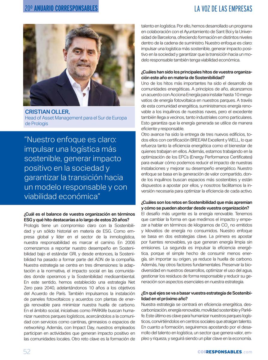 Corresponsables's tweet image. 📖 Descubre la visión de Cristian Oller, Head of Asset Management para el Sur de Europa de Prologis , en el #20AnuarioCorresponsables 👉 f.mtr.cool/jxigxdmqsa

🗣️ &quot;Nuestro enfoque es claro: impulsar una logística más sostenible, generar impacto positivo en la sociedad y…
