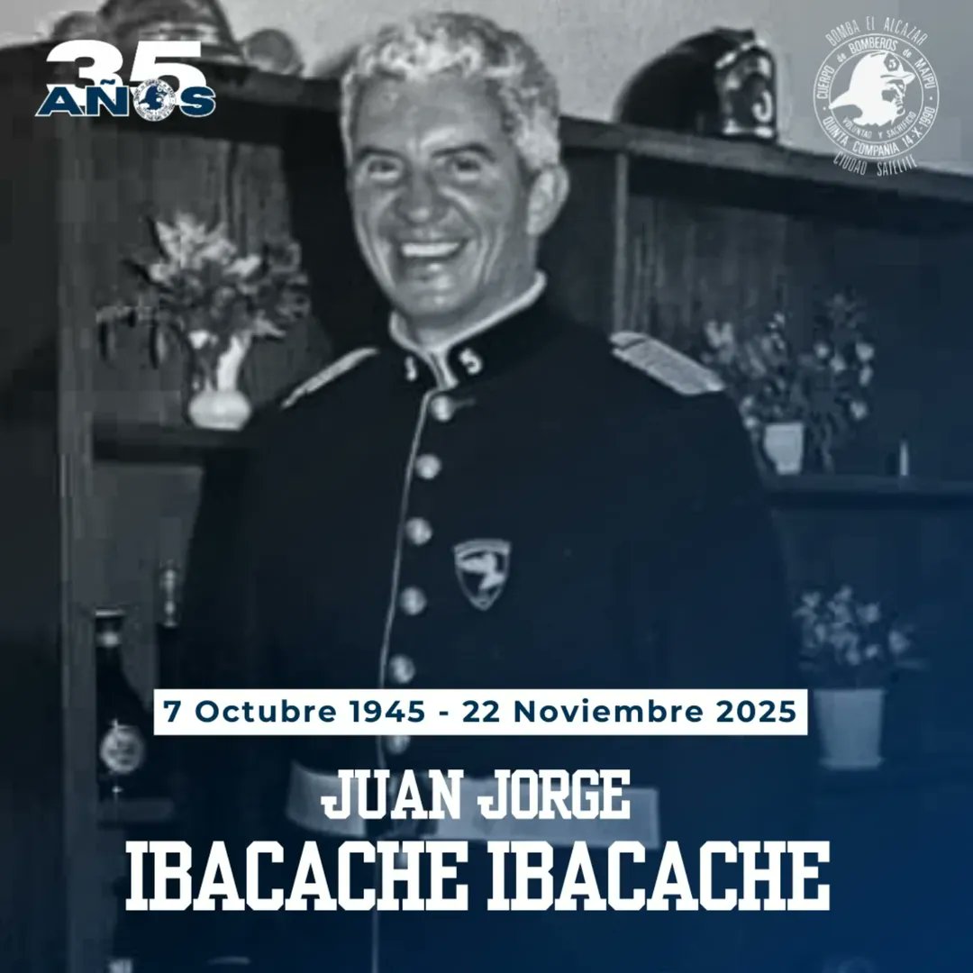 BomberosdeChile's tweet photo. 𝗖𝗢𝗡𝗗𝗢𝗟𝗘𝗡𝗖𝗜𝗔𝗦 | 🕊 Bomberos de Chile envía sus condolencias a la familia, amigos, integrantes de la 5ta cía. y al CB de Maipú por el sensible fallecimiento del fundador de compañía , Sr. Juan Ibacache Ibacache (Q.E.P.D.). https://t.co/au38sx7vys