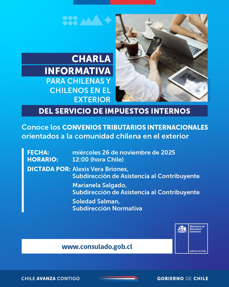 Invitamos a chilenas y chilenos residentes en el exterior a la charla informativa que realizaremos junto al Servicio de Impuestos Internos (SII)
Fecha: Miercoles 26 de noviembre 2025 a las 12:00 (hora Chile)

Link inscripción: docs.google.com/forms/d/e/1FAI…
