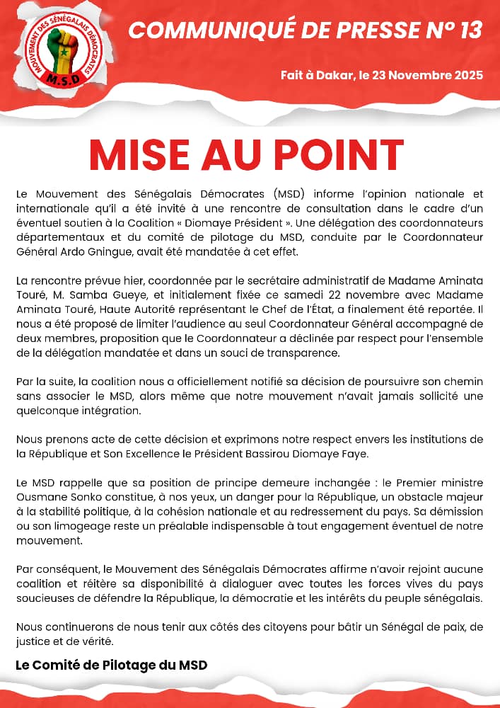 MSD_Officielle's tweet photo. Le @MSD_/ «SONKO DÉGAGE» confirme avoir été invité à une rencontre de consultation avec la Coalition "Diomaye Président", mais celle-ci a été reportée puis annulée par la coalition elle-même après un désaccord sur la taille de la délégation du MSD, par souci de transparence. https://t.co/FjqbGtaKiO