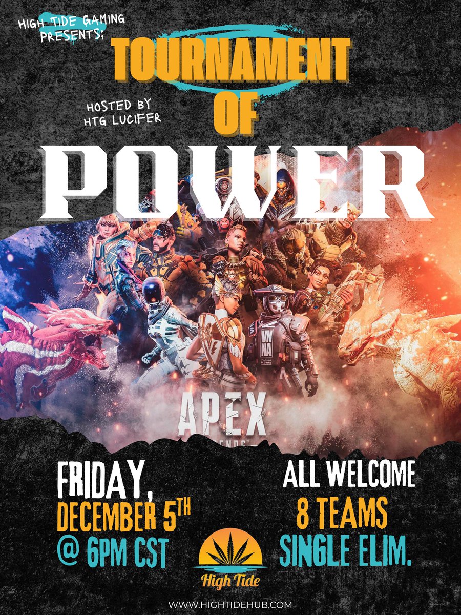 We're proud to announce our first tournament in the Apex Legends community:

THE TOURNAMENT OF POWER!

Join us Friday, Dec 5th at 7PM EST for a single elim kill race tourney, hosted by <a href="/AEGLuciferr/">HTG | Lucifer</a>.

The tournament will be livestreamed on Twitch and X.

Sign up below: