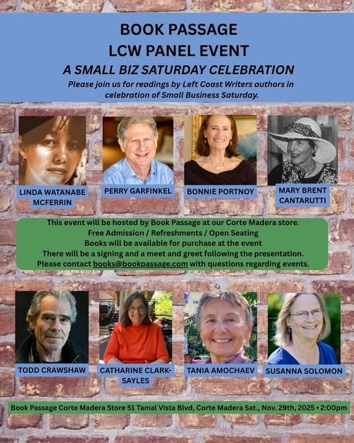 BonniePortnoy's tweet photo. Join a selected group of authors, members of Left Coast Writers, at Book Passage, Corte Madera, at 2 p.m. on the Saturday after Thanksgiving.  Book signings! https://t.co/uBp5fstbWy