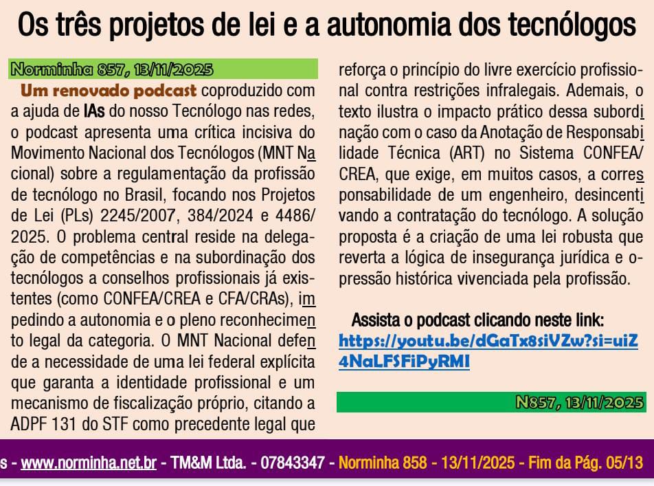 Saimos em mais uma edição da excelente revista norminha, acesse em norminha.net.br agradecemos ao editor Wilson Celio Maioli pela amizade e cortesia, publicando matérias de interesse da classe dos tecnólogos sem custo, nosso obrigado sempre! #revistanorminha