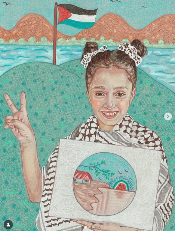 🇵🇸🎨🖌️"We need to see the green earth and the clear blue sky, far from the dust of bombings and missiles.
I miss watching the birds in the air and I miss the sound of their songs"
- Sarah Alsharif, aged 9

Sarah is another of Ms Rachel's little ones whose work featured on the