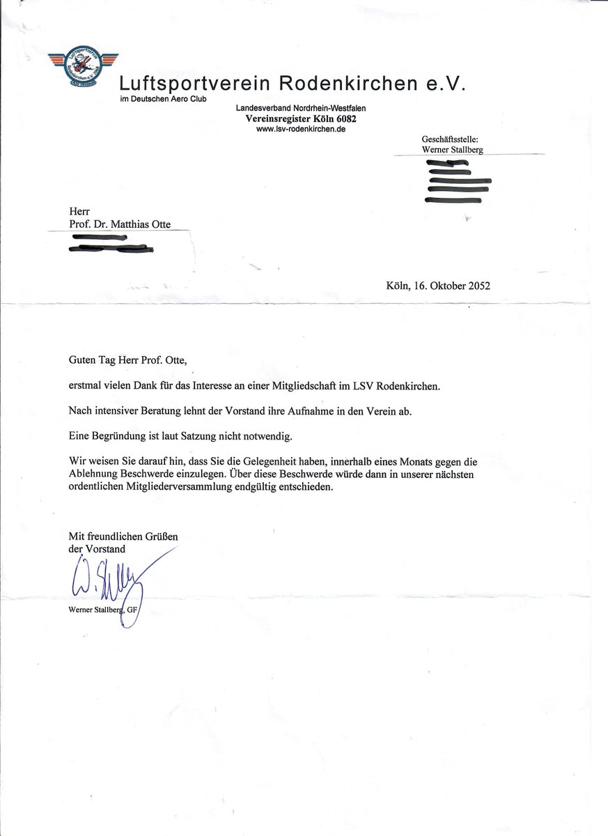 maxotte_says's tweet image. Werner Stallberg, Vorsitzender des Vereins, schreibt am 16.10.2025: &quot;Nach intensiver Beratung lehnt der Vorstand ihre Aufnahme in den Verein ab. Eine Begründung ist laut Satzung nicht notwendig.&quot; Ich habe Herrn Stallberg einen Brief geschrieben und werde über den Fortgang…