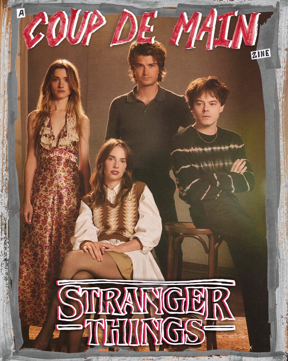 Updates_SThings's tweet image. Charlie Heaton, Joe Keery, Maya Hawke and Natalia Dyer on the cover of Coup De Main magazine promoting &apos;STRANGER THINGS 5&apos;!
#StrangerThings5